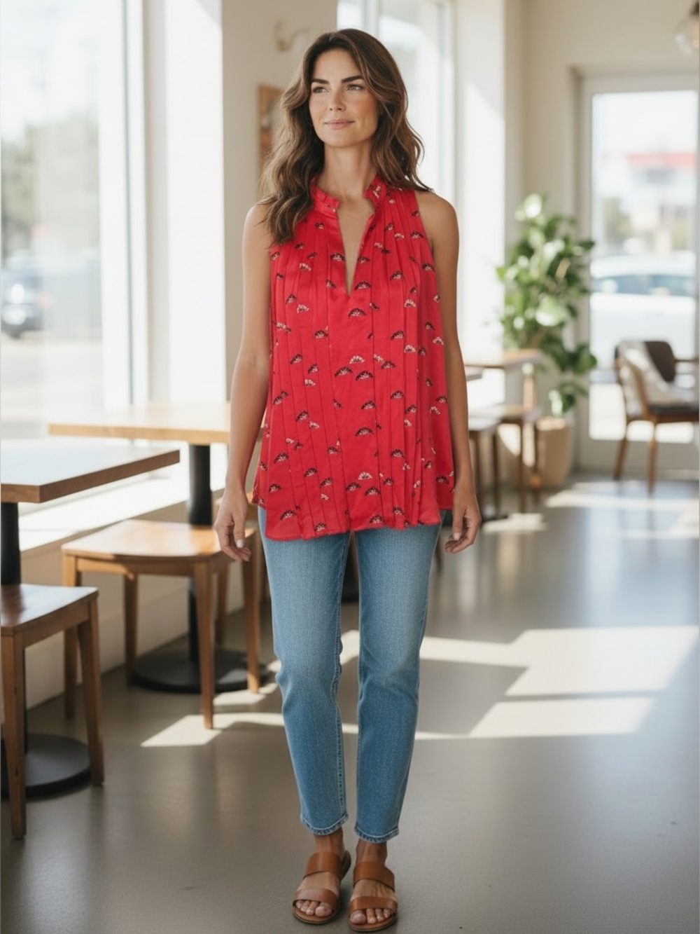 Ann Taylor Red Printed Sleeveless V-Neck Pleated Blouse